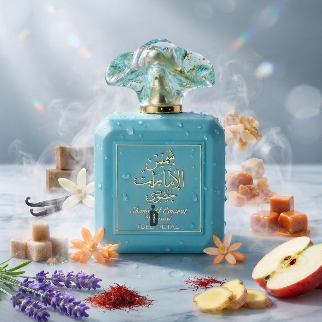 A shimmering blue bottle of Shams Al Emarat Khususi Iced Petal 100ml EDP by Ard Al Zaafaran, embellished with elegant gold Arabic script, rests among fresh apple slices, delicate lavender sprigs, saffron strands, vanilla blossoms, and sugar cubes—all softly enveloped in a misty glow.