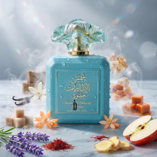 A shimmering blue bottle of Shams Al Emarat Khususi Iced Petal 100ml EDP by Ard Al Zaafaran, embellished with elegant gold Arabic script, rests among fresh apple slices, delicate lavender sprigs, saffron strands, vanilla blossoms, and sugar cubes—all softly enveloped in a misty glow.
