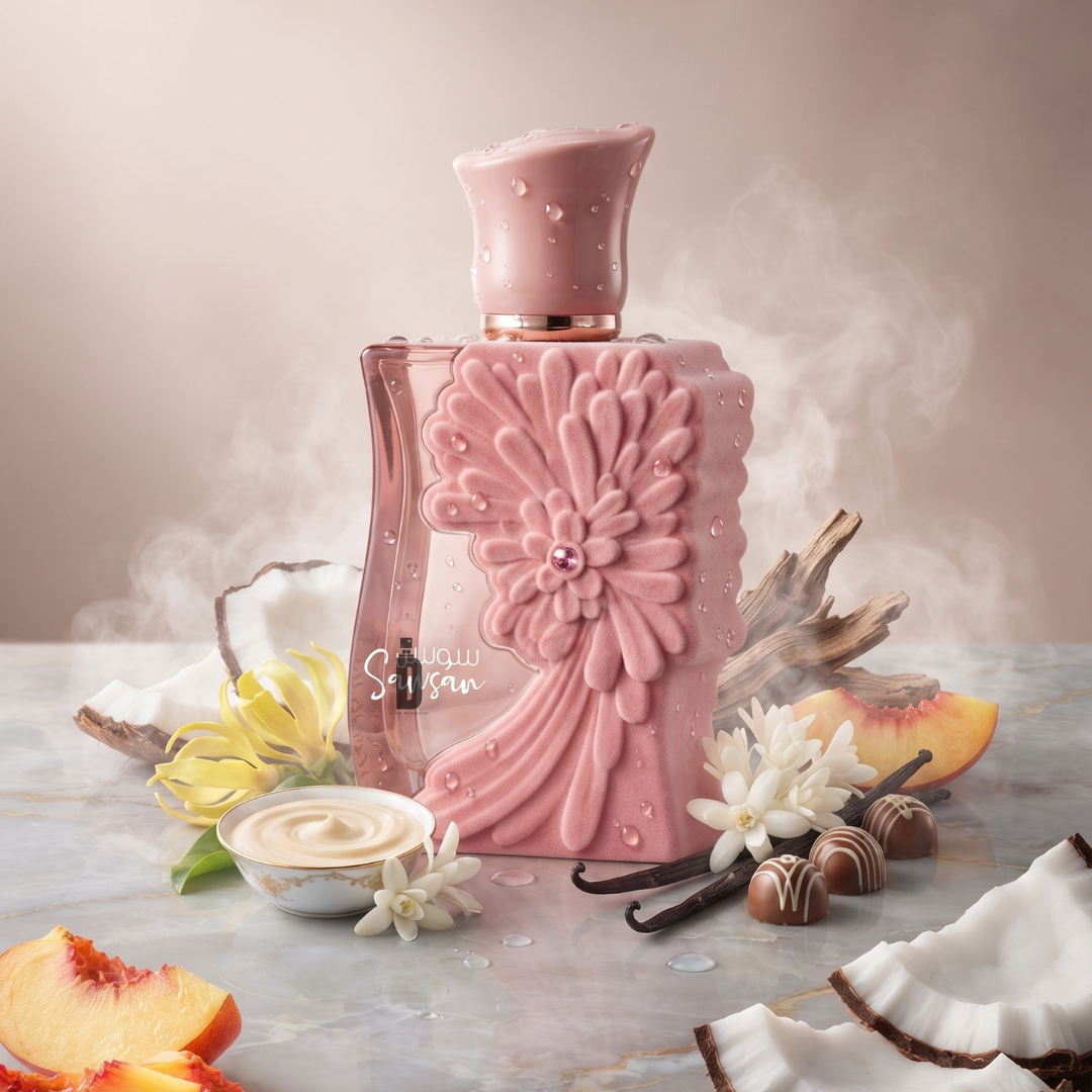 A pink perfume bottle with an ornate floral design is surrounded by vanilla pods, chocolates, peach slices, white flowers, coconut, and cream on a marble surface with wisps of steam—an elegant arrangement that perfectly embodies the tropical floral fragrance of Sawsan 100ml EDP by Ard Al Zaafaran.