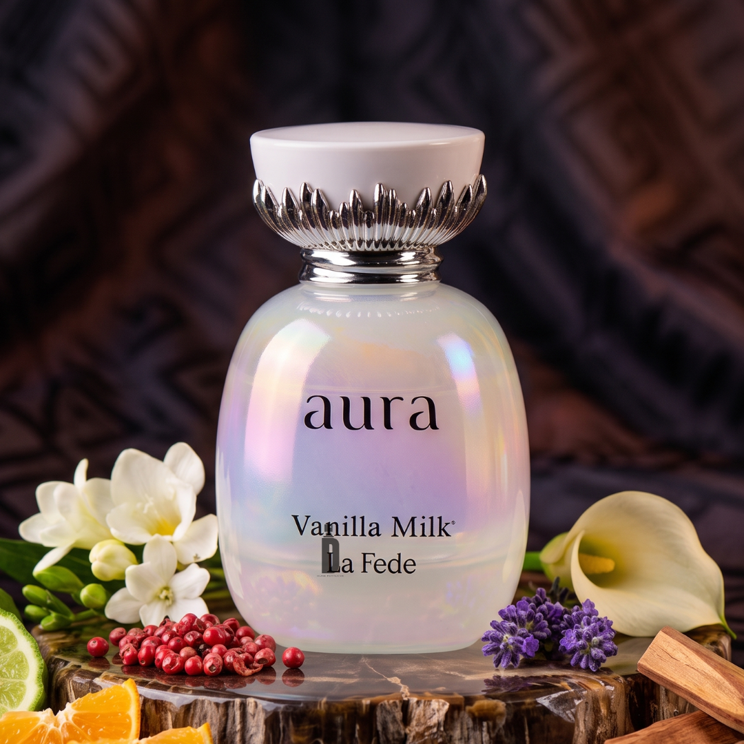 A pearlized bottle of "Aura Vanilla Milk 100ml EDP" by Khadlaj rests among blossoms, spices, and citrus slices against a dark, patterned fabric backdrop—evoking the creamy woody essence of this signature Khadlaj fragrance.