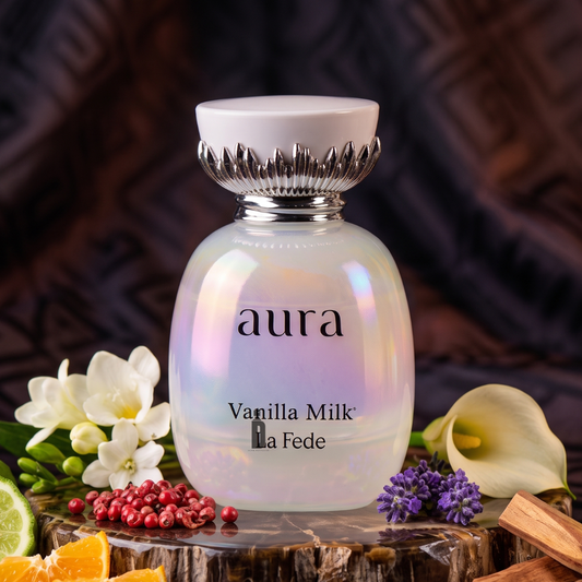 A pearlized bottle of "Aura Vanilla Milk 100ml EDP" by Khadlaj rests among blossoms, spices, and citrus slices against a dark, patterned fabric backdrop—evoking the creamy woody essence of this signature Khadlaj fragrance.