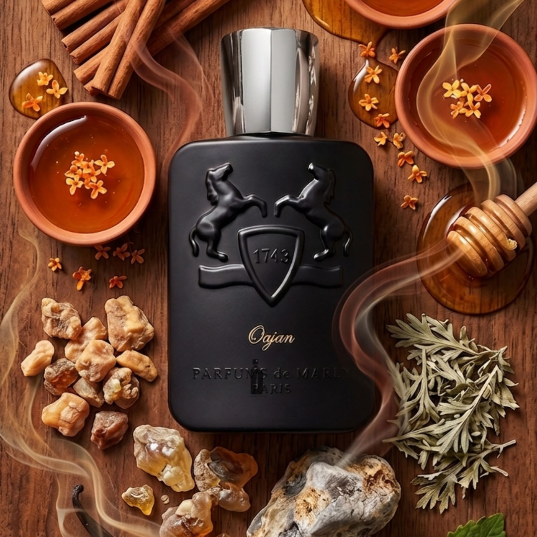 A sleek black bottle of Oajan 120ml EDP by Parfums de Marly rests on a wooden surface, surrounded by honey, cinnamon sticks, amber, herbs, and wisps of scented smoke—evoking the warm, sweet, and spicy notes that define this luxurious fragrance from Parfums de Marly.