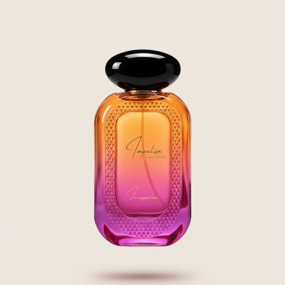 Impalisa 100ml EDP by Hekayat Attar features a chic perfume bottle with an orange, pink, and purple gradient design, black cap, and elegant gold script—perfect for showcasing this refined floral gourmand fragrance.