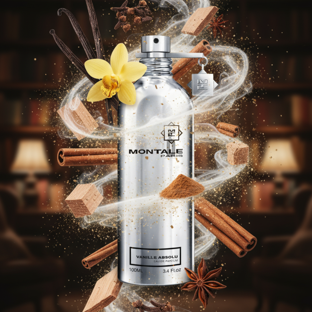 The Montale Vanille Absolu 100ml EDP bottle is displayed among vanilla flowers, pods, cinnamon, and star anise, evoking a cozy library and capturing the irresistible charm of this gourmand fragrance by Montale.