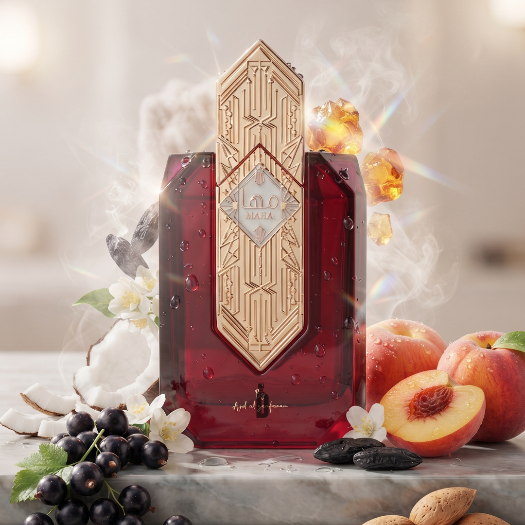 A luxurious red bottle of Maha 100ml EDP by Ard Al Zaafaran, topped with a gold geometric cap, stands amidst fresh peaches, black currants, almonds, and white flowers. Mist and sparkling amber gems swirl around it, creating an elegant and dreamy atmosphere that captures the allure of this exotic floral fragrance from Ard Al Zaafaran.