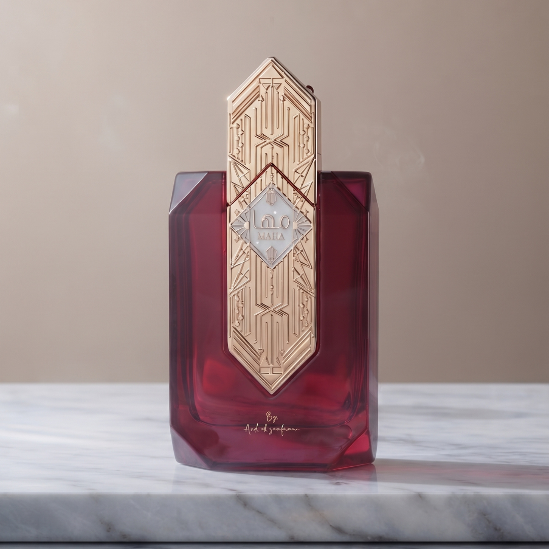 A striking red perfume bottle adorned with gold geometric accents and topped with a gold cap rests on a marble surface against a beige backdrop, perfectly capturing the essence of Maha 100ml EDP by Ard Al Zaafaran—an amber musk fragrance renowned for its exotic floral notes.