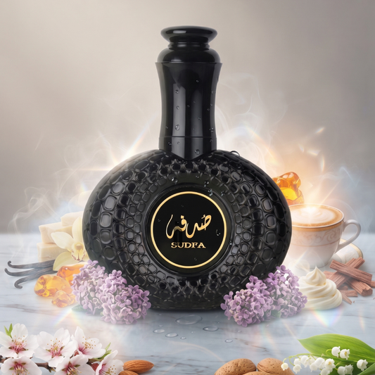 A sleek black bottle of Sudfa 100ml EDP by Ard Al Zaafaran rests on a table, encircled by lilacs, vanilla, almonds, honey, cherry blossoms, and a steaming cup of coffee. A delicate mist glows in the background as the captivating coffee notes seamlessly blend with floral and gourmand accords for an unforgettable fragrance experience.