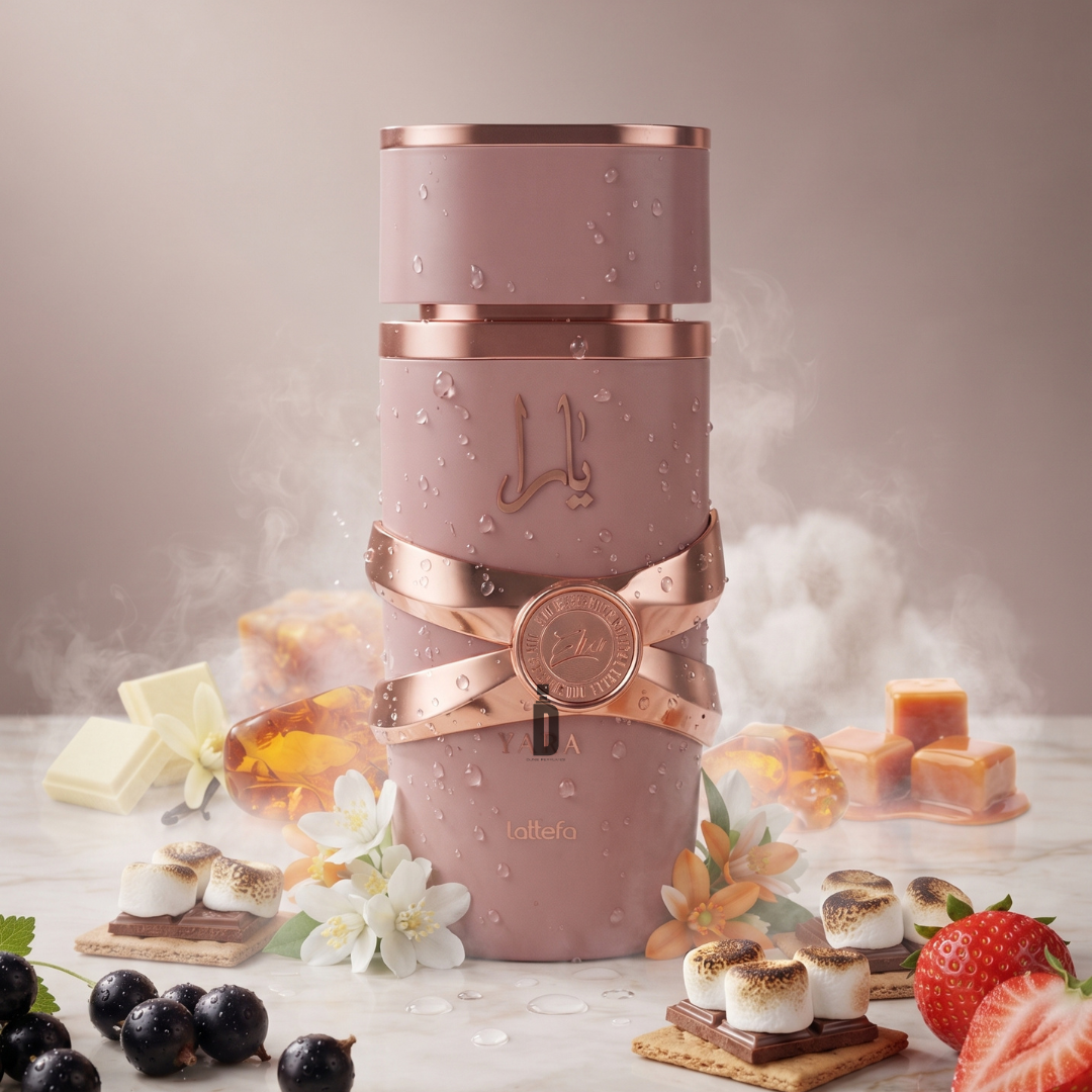 A luxurious pink and gold cylindrical bottle of Lattafa’s Yara Elixir 100ml Eau de Parfum is artfully surrounded by notes of white chocolate, caramel, blackcurrant, toasted marshmallow, florals, and strawberries. Mist and delicate water droplets on the bottle enhance the sweet gourmand aura of this captivating fragrance.