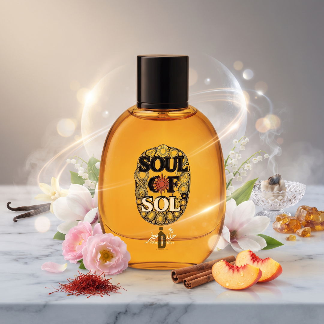 The “Soul Of Sol 100ml EDP” by Hekayat Attar stands on a marble surface, its amber-hued bottle encircled by delicate flowers, cinnamon sticks, vanilla beans, peach slices, saffron threads, amber stones, and a radiant swirl of light—beautifully evoking the luminous floral amber essence of this signature fragrance.