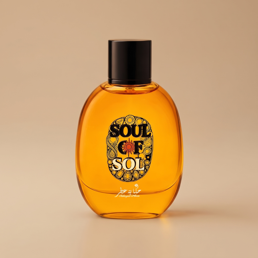 A round amber perfume bottle with a black cap, displaying the “Soul Of Sol 100ml EDP - Hekayat Attar” label in bold lettering and an ornate design, set against a plain beige background. This refined presentation showcases the allure of Hekayat Attar’s Soul Of Sol—a floral amber fragrance crafted to enchant the senses with its sophisticated notes.