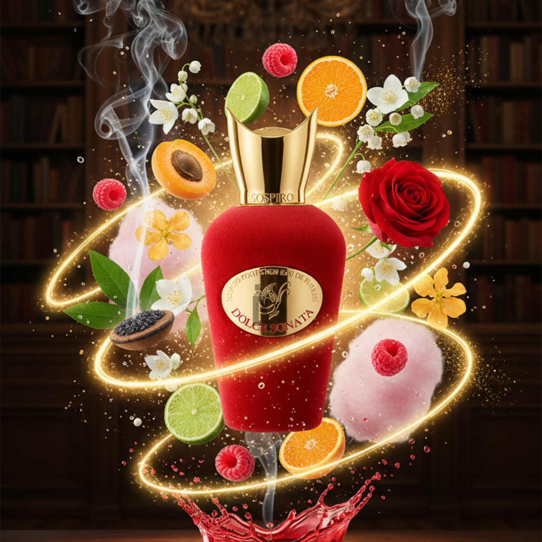 Dolce Sonata 100ml EDP by Sospiro features a luxurious red floral bottle with a gold cap, surrounded by vibrant fruits, flowers, and cotton candy, radiating fruity sweetness against a dark, elegant library backdrop.