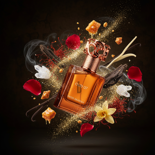 The Oud 07 50ml EDP by Swiss Arabian is showcased with floating rose petals, vanilla pods, caramel pieces, saffron strands, agarwood chips, and gold sparkles on a dark backdrop, evoking the fragrance's rich oud allure.
