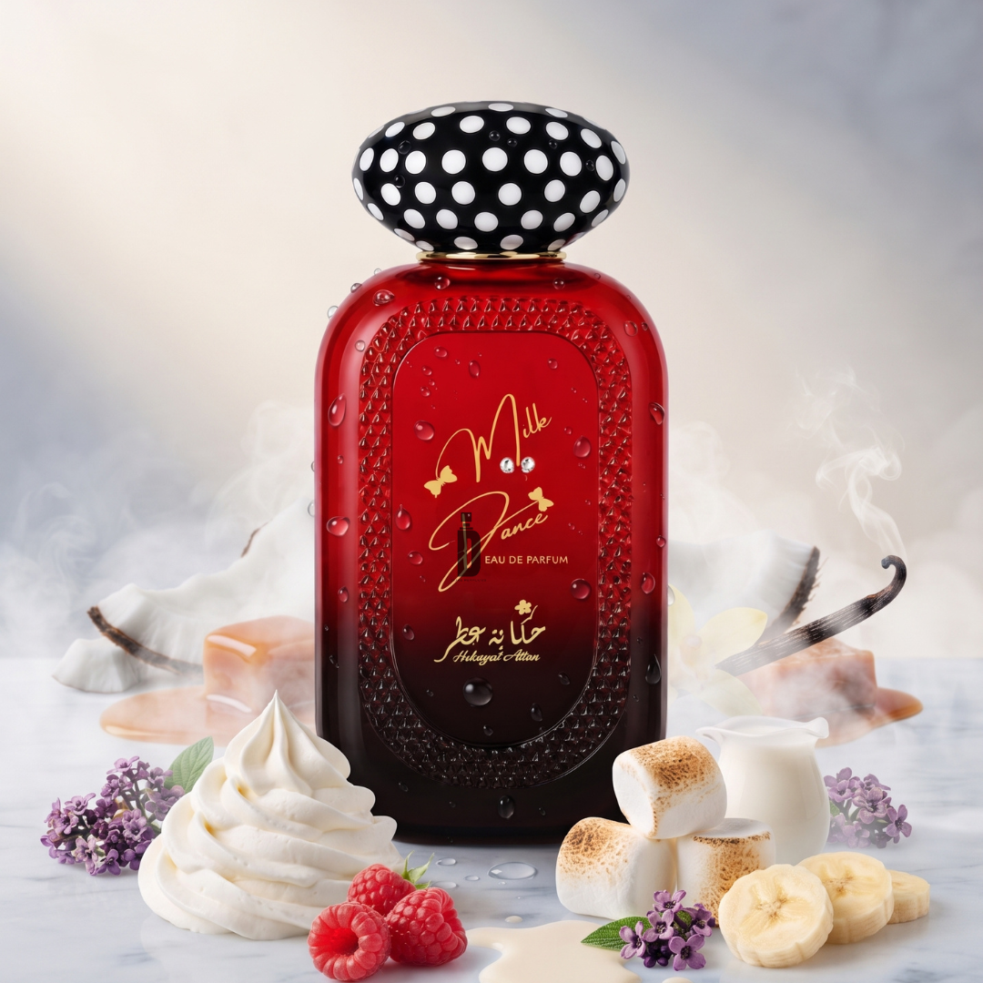 A vibrant red bottle of Mille Douce 100ml EDP by Hekayat Attar, topped with a playful polka dot cap, is nestled among clouds of whipped cream, ripe raspberries, toasted marshmallows, caramel drizzles, and vanilla beans—capturing the essence of a creamy fruity gourmand delight. In the background, hints of purple blooms and delicate wisps of smoke set an enchanting scene for this Hekayat Attar creation.