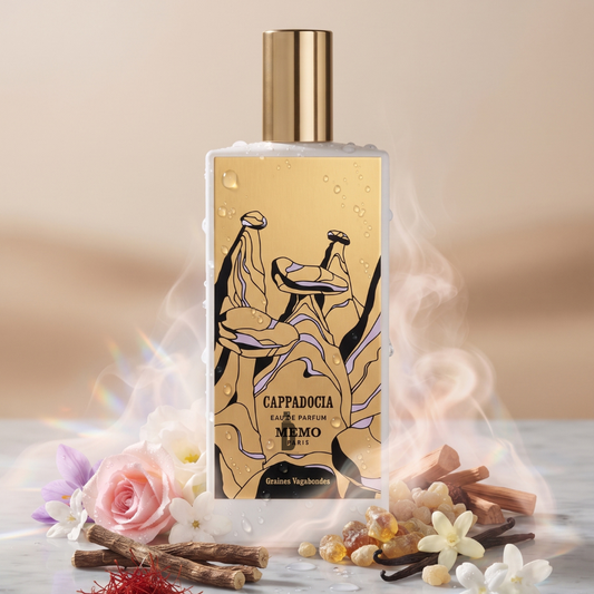 A 75ml bottle of Memo Paris Cappadocia Eau de Parfum is displayed on a marble surface, encircled by flowers, petals, and twigs, with a gentle mist swirling around it. The bottle showcases abstract golden artwork that reflects the exotic saffron notes found in this captivating Memo Paris fragrance.
