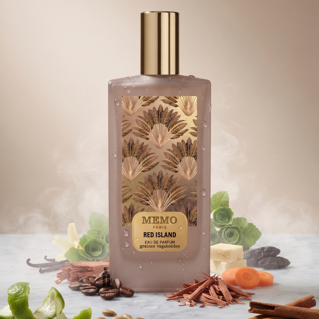 A bottle of Memo Paris Red Island 75ml EDP stands amid scattered coffee beans, herbs, carrot slices, wood shavings, and cheese, with wisps of mist swirling around it. Featuring a gold cap and an ornate label, this Memo Paris fragrance perfectly embodies the exotic spicy scent that defines Red Island.