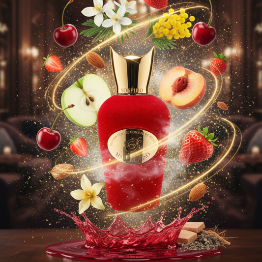 The Sospiro Maraschino 100ml EDP perfume bottle stands elegantly amid swirling cherries, apples, strawberries, peaches, flowers, almonds, and vanilla, evoking a rich and luscious fragrance in a dimly-lit setting.