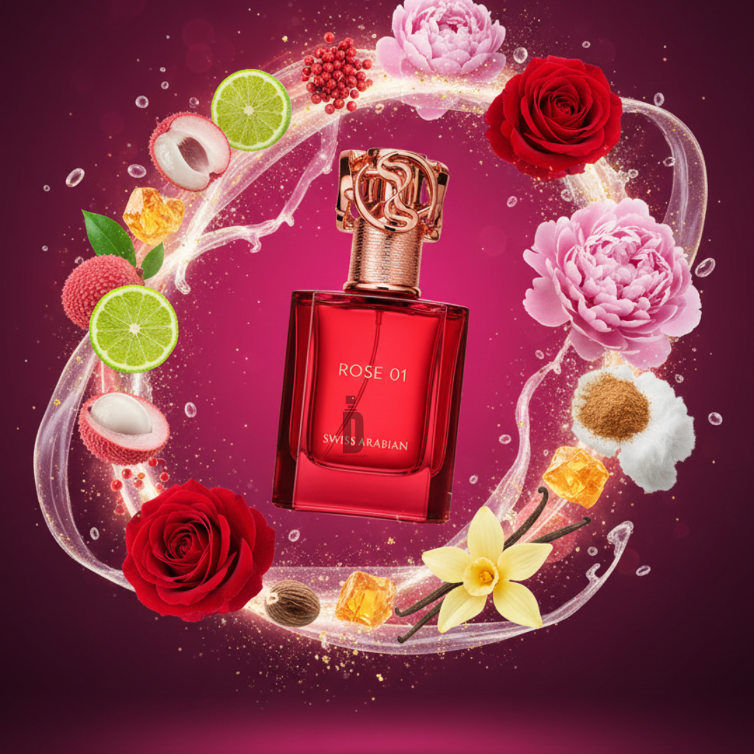 A vibrant magenta backdrop frames the "Rose 01 50ml - Swiss Arabian" bottle, surrounded by Bulgarian rose, peony, lychee, lime, vanilla, and amber—highlighting this alluring floral scent from Swiss Arabian.