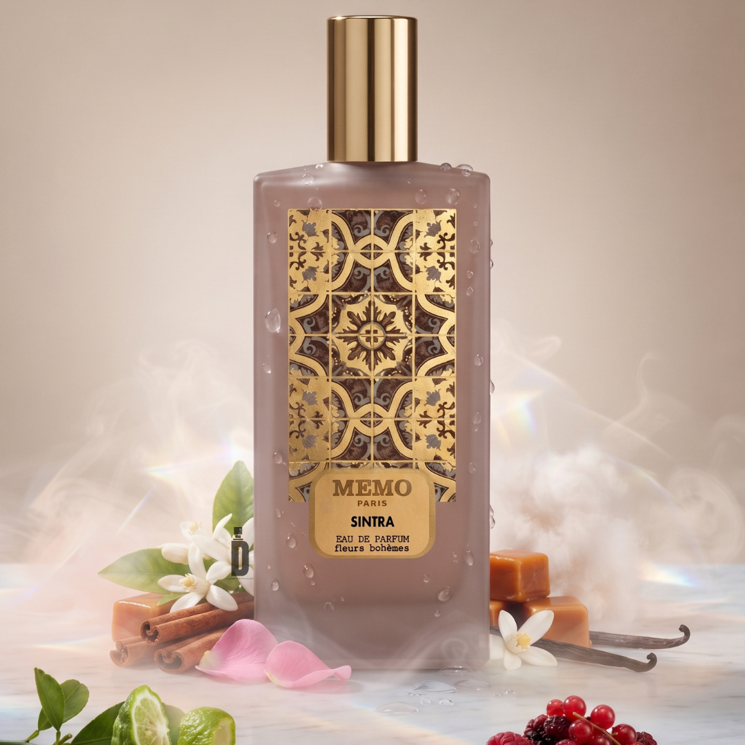 A beautifully designed 75ml Sintra Eau de Parfum bottle from Memo Paris is surrounded by caramel, flower petals, berries, and mist, evoking the luxurious allure of this signature fragrance—a caramel-vanilla perfume accented with a delicate touch of orange blossom in every breath.