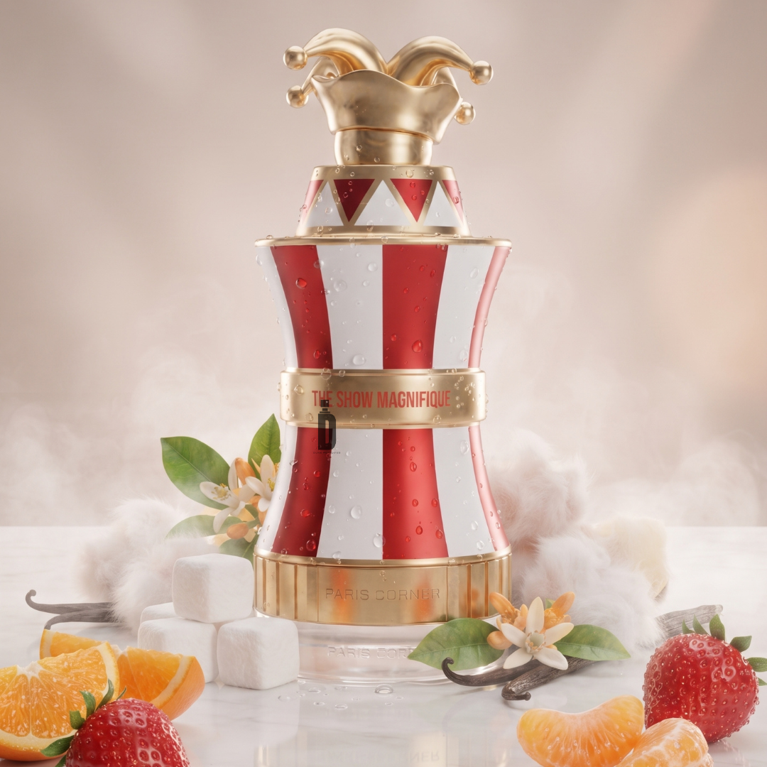 The Show Magnifique 100ml EDP by Paris Corner, in a striking red and white bottle adorned with a gold crown top, is artfully displayed among strawberries, mandarin slices, vanilla beans, marshmallows, and cotton flowers on a marble surface with a soft, misty backdrop—evoking the joyful and radiant essence of this delightful fragrance.