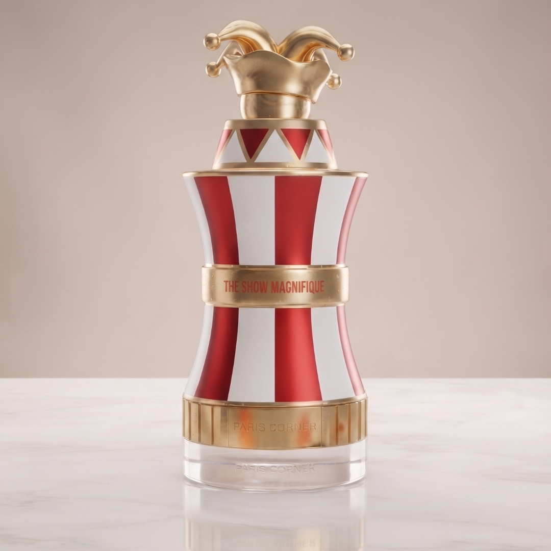 A joyful and radiant 100ml eau de parfum from Paris Corner, The Show Magnifique features a perfume bottle adorned with red and white stripes, gold accents, and a gold jester hat-shaped cap. The eye-catching bottle stands on a marble surface against a beige background.