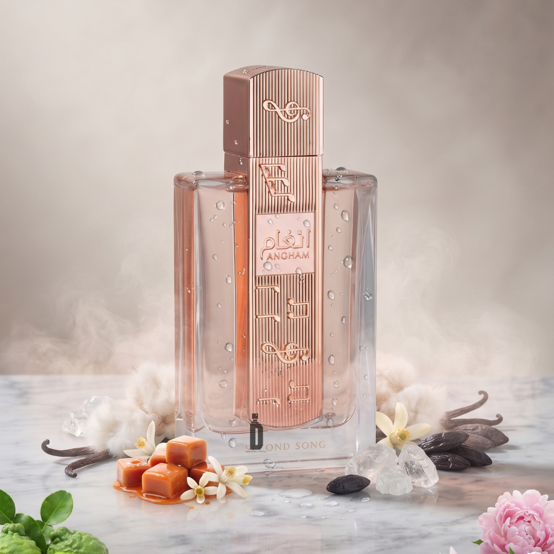 A Lattafa Angham Second Song 100ml EDP bottle stands on marble, encircled by vanilla pods, caramel, flowers, and crystals. Water droplets glisten on the bottle against a soft, misty background—evoking the delicate floral essence of this signature Lattafa fragrance.