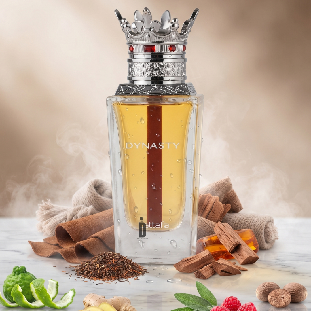 A bottle of Dynasty 100ml EDP by Lattafa, featuring a silver crown cap and set amid wooden sticks, green leaves, peppercorns, and amber crystals on a marble surface with a brown cloth and misty background—beautifully embodying the sophistication of an elegant men’s fragrance.