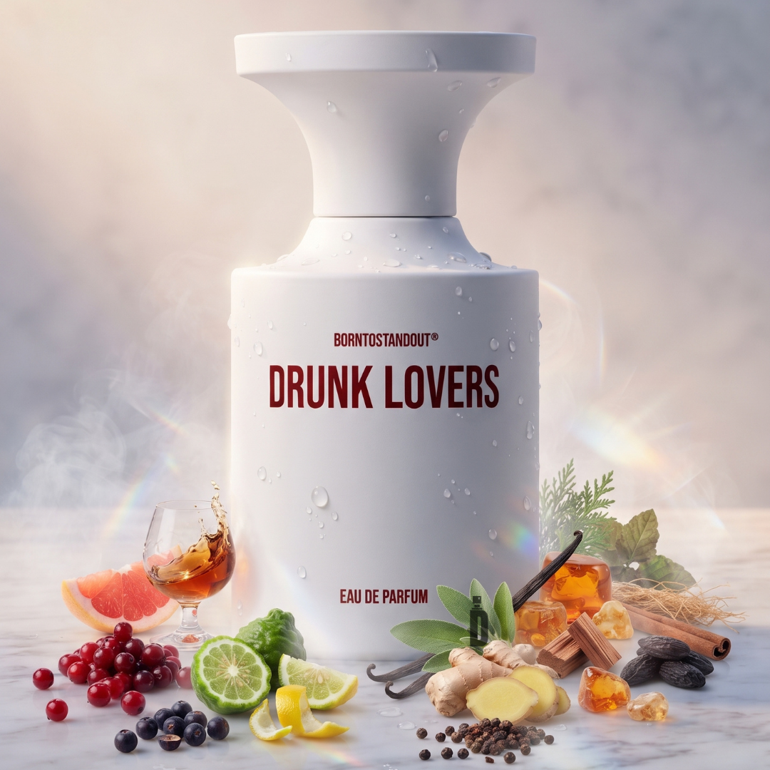 A sleek white bottle of Drunk Lovers 50ml EDP by BornToStandOut stands on a marble surface amid fresh fruits, herbs, spices, and a glass of liquor, its dewy exterior shining in a misty setting. This BornToStandOut fragrance embodies the essence of celebration with an unforgettable scent that lingers seductively in the air.