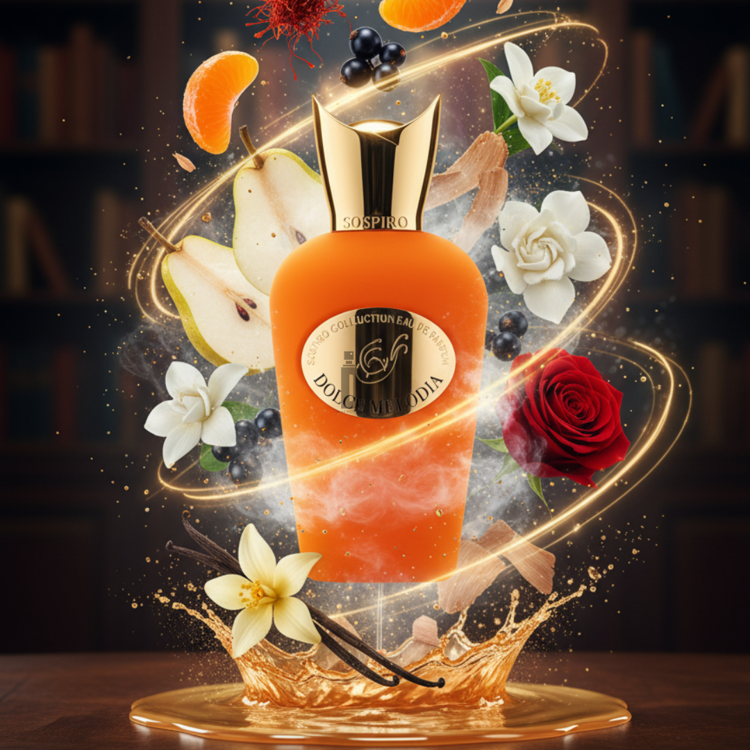 Dolce Melodia 100ml EDP by Sospiro features a luxurious orange bottle with a gold cap, surrounded by hints of pear, rose, vanilla, jasmine, mandarin, and berries, evoking an elegant fragrance in a softly blurred, sophisticated setting.