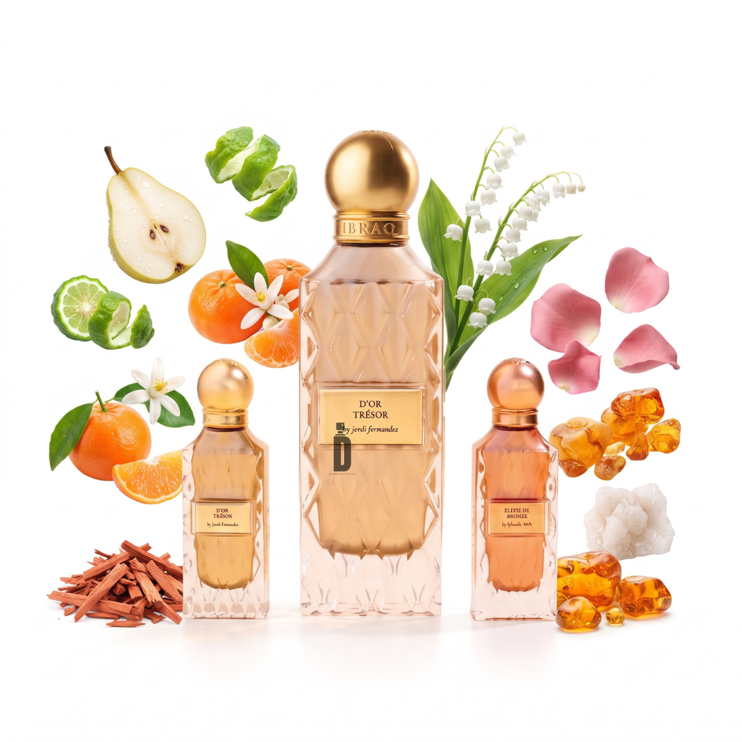 Three elegant D’or Tresor By Jordi Fernandez perfume bottles with gold caps are surrounded by pears, tangerines, flowers, wood, and amber—ingredient notes that beautifully illustrate this luxurious Arabian fragrance from Ibrahim Al Qurashi. The white background enhances the radiance of both the bottles and their natural inspirations, capturing the essence of true luxury by Ibrahim Al Qurashi.