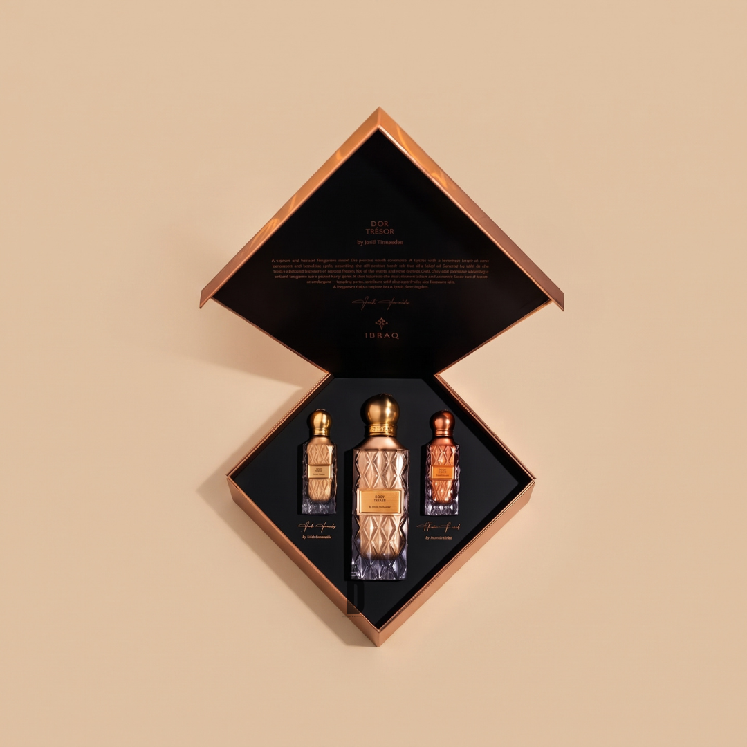 The D’or Trésor by Jordi Fernandez from Ibrahim Al Qurashi is a luxury perfume gift set featuring three ornate bottles in a diamond-patterned, open bronze box against a beige background. The largest bottle is centered between two smaller flacons, capturing the essence of Arabian luxury for an unforgettable D’or Trésor experience.