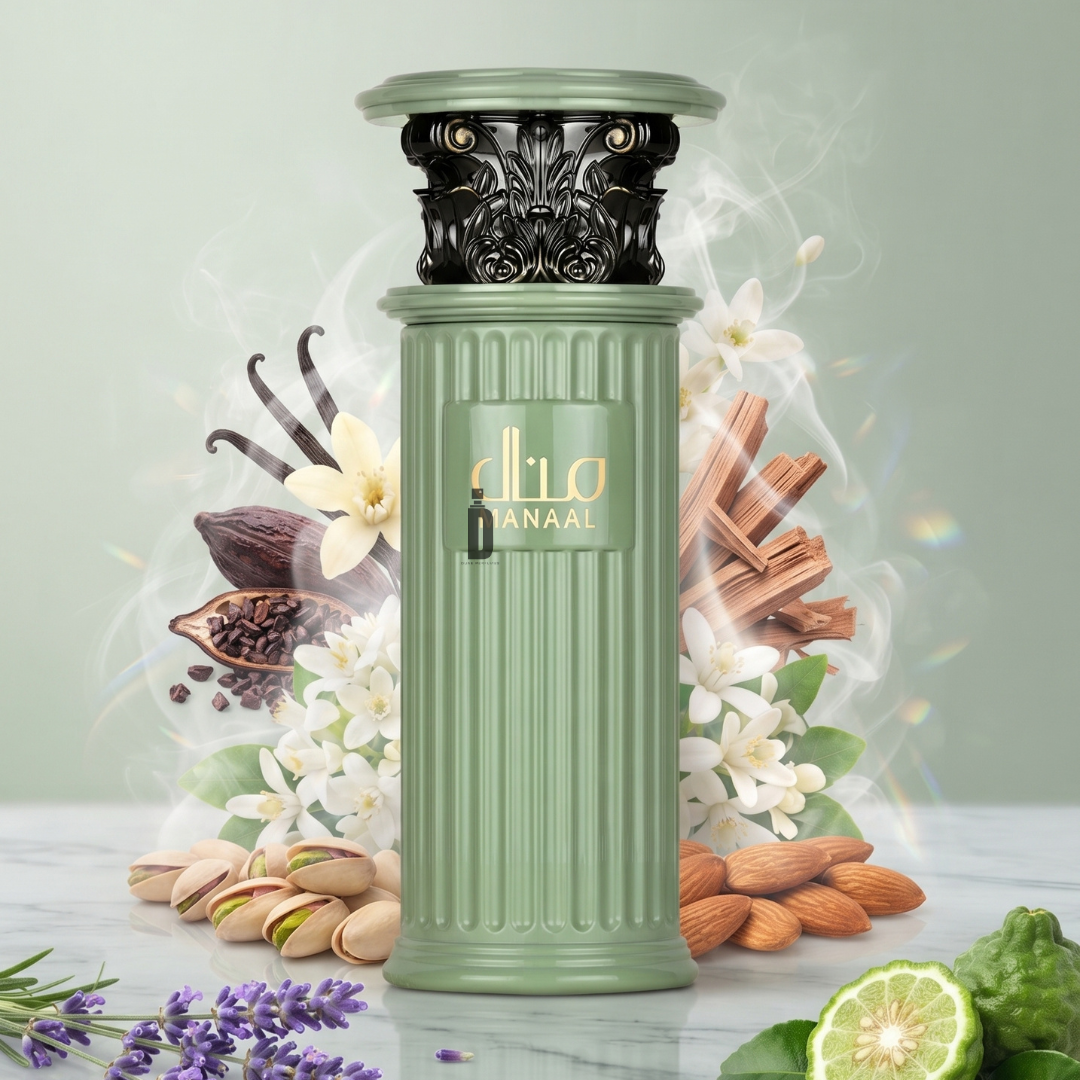 A green, column-shaped bottle of Manaal 100ml EDP by Ard Al Zaafaran stands surrounded by vanilla, jasmine, cinnamon, almond, pistachio, lime, and lavender—evoking the irresistible allure of a gourmand perfume—as delicate white smoke swirls against a soft green background.