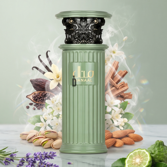 A green, column-shaped bottle of Manaal 100ml EDP by Ard Al Zaafaran stands surrounded by vanilla, jasmine, cinnamon, almond, pistachio, lime, and lavender—evoking the irresistible allure of a gourmand perfume—as delicate white smoke swirls against a soft green background.