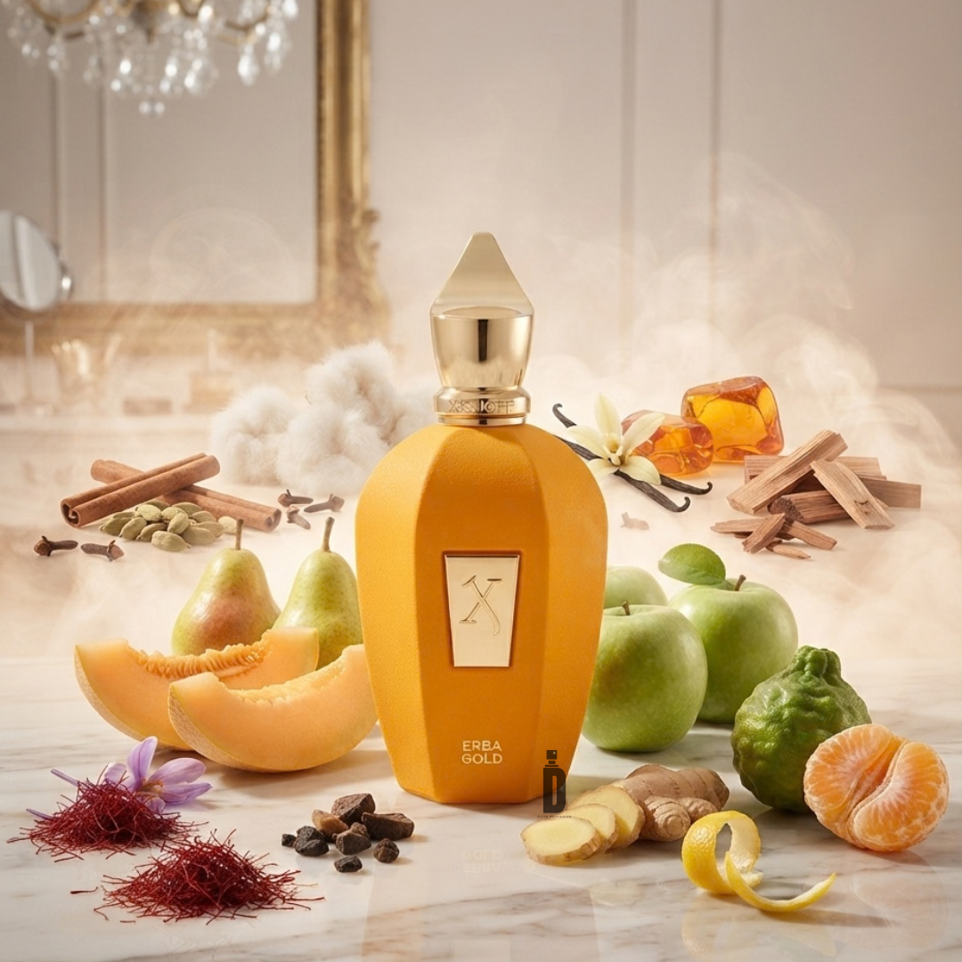 An orange, textured Erba Gold 100ml EDP - Xerjoff perfume bottle surrounded by pears, melon slices, green apples, ginger, cinnamon sticks, and saffron threads.