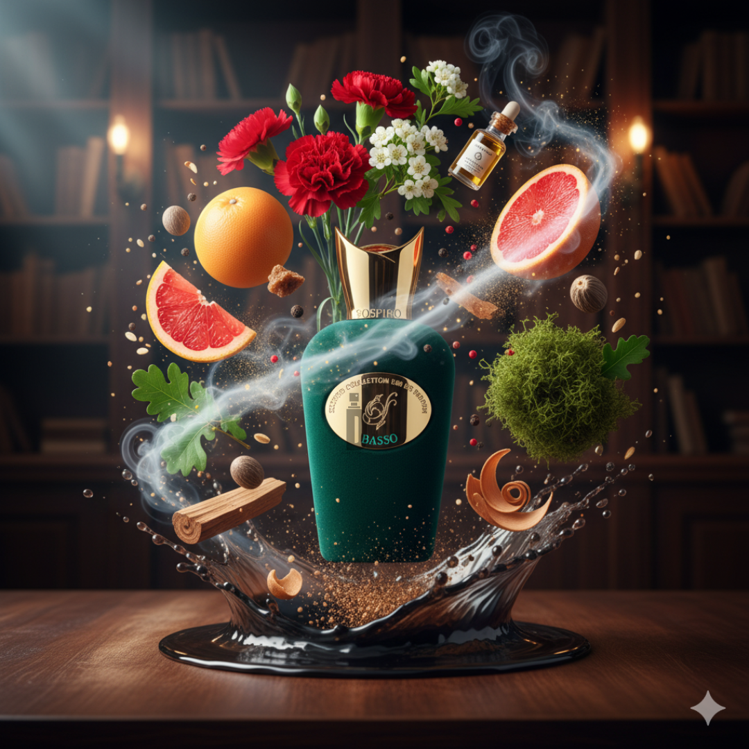 The Sospiro Basso 100ml EDP stands elegantly on a table, encircled by vibrant citrus, florals, spices, herbs, and precious oils—a bold and sophisticated fragrance—with blurred bookshelves in the background.