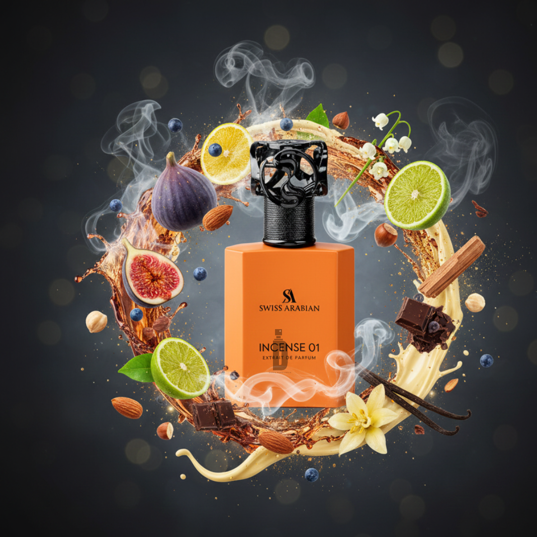 A 50ml Swiss Arabian Incense 01 EDP bottle is surrounded by swirling smoke, figs, limes, vanilla, chocolate, almonds, cinnamon, and orange slices against a dark glowing background.