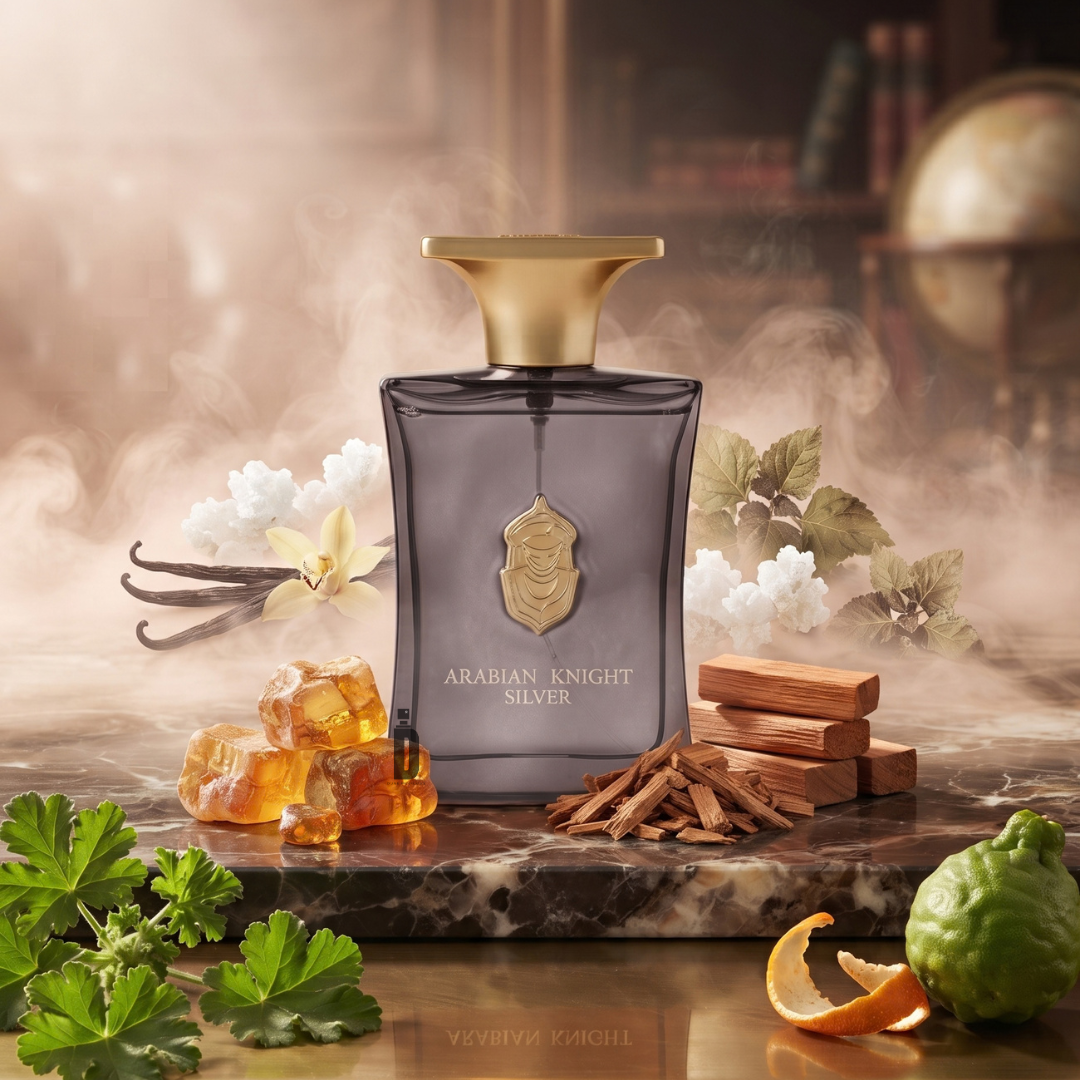 A square grey glass bottle of Arabian Knight Silver 100ml EDP - Arabian Oud with a gold cap, displayed on a marble surface surrounded by vanilla beans, wood chips, amber resin, bergamot, and swirling mist.