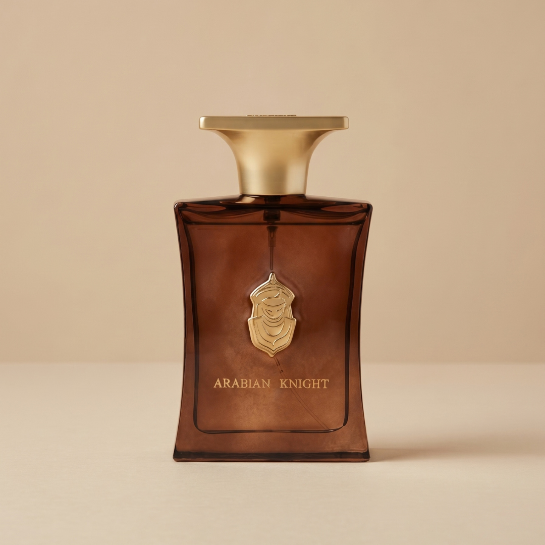 Arabian Knight Gold 100ml EDP - Arabian Oud rectangular glass perfume bottle with a dark brown tint, a gold cap, and a gold emblem featuring a helmet labeled “ARABIAN KNIGHT.”.