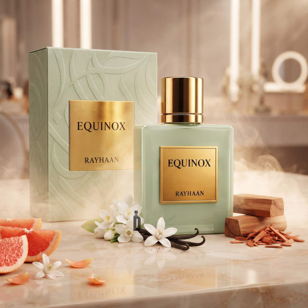 Equinox 100ml EDP - Rayhaan perfume bottle and matching box with gold labels, accompanied by grapefruit slices, white blossoms, and wood chips on a marble surface to evoke a citrus floral woody scent.