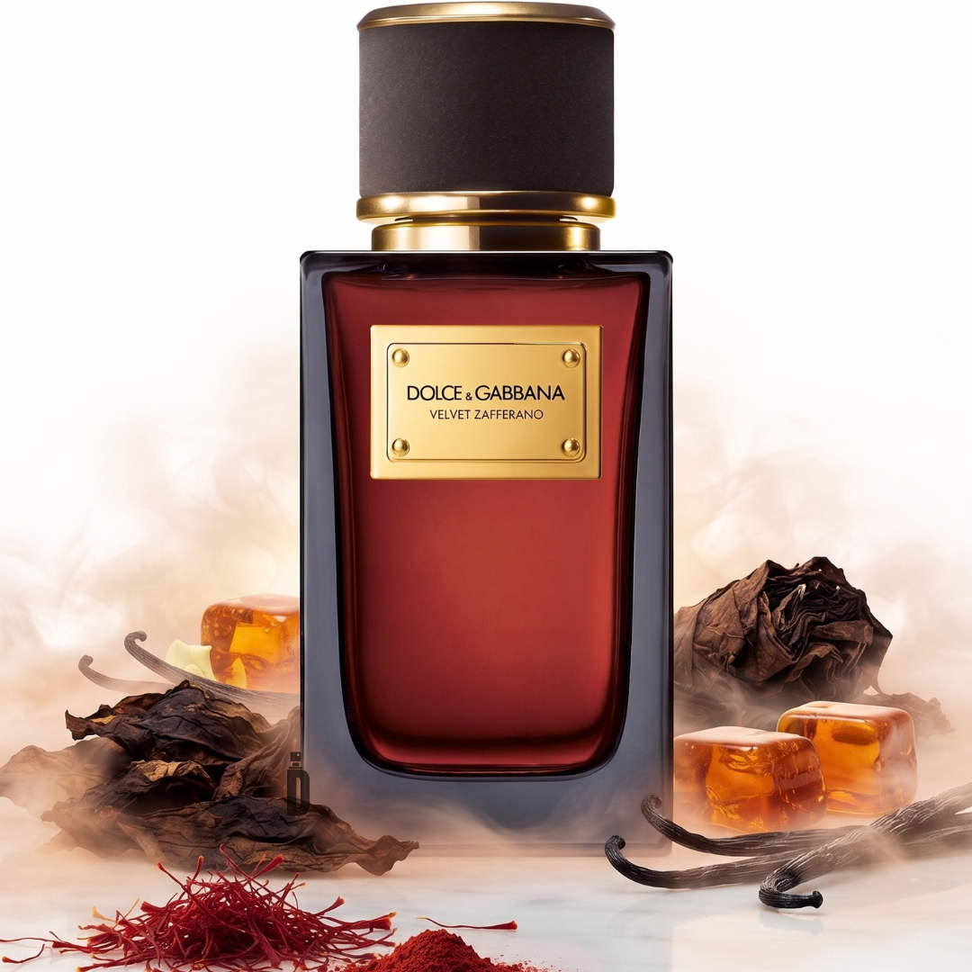 A rectangular Velvet Zafferano 100ml EDP - Dolce & Gabbana perfume bottle containing dark red liquid with a gold label, surrounded by saffron threads, vanilla beans, and amber-colored cubes in a hazy vapor.
