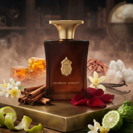 An Arabian Knight Gold 100ml EDP - Arabian Oud perfume bottle with a gold cap and crest, surrounded by cinnamon sticks, citrus fruit, flower blossoms, and resin pieces.