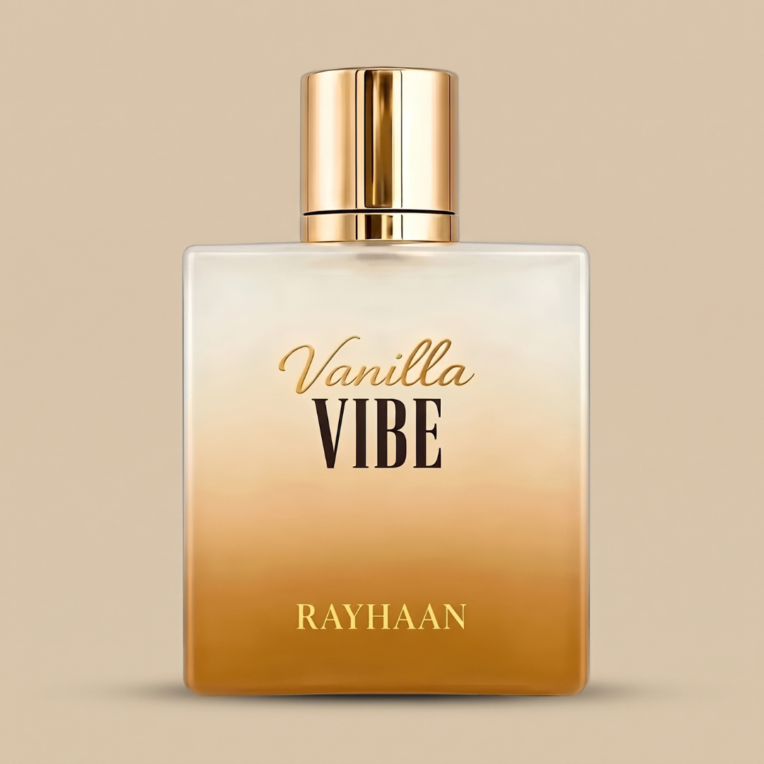 Square Vanilla Vibe 100ml EDP - Rayhaan perfume bottle with an ombre finish fading from cream to amber, a gold cap, the text “Vanilla VIBE” and “RAYHAAN,” and a woody scent profile.