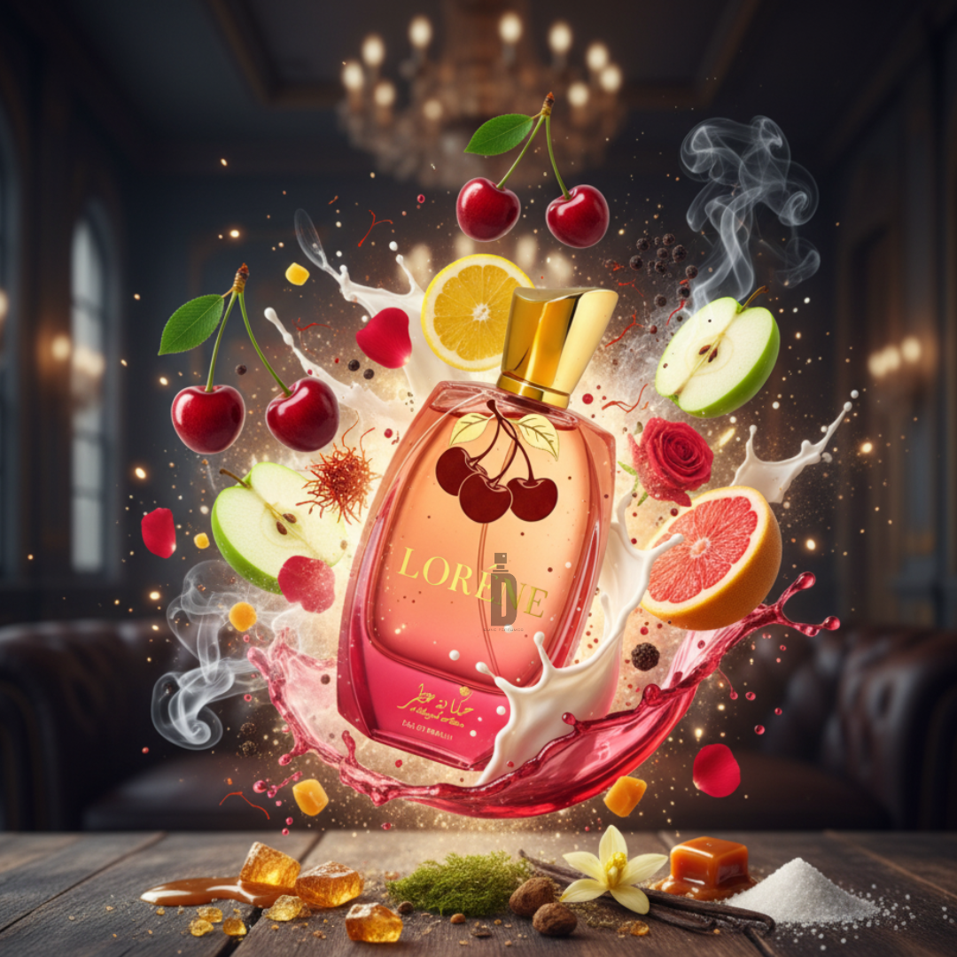 Lorene 100ml EDP by Hekayat Attar is showcased amid floating cherries, apple, lemon, grapefruit, and vanilla in a luxurious, dimly lit room with smoky swirls—evoking a sophisticated fragrance with long-lasting scent.