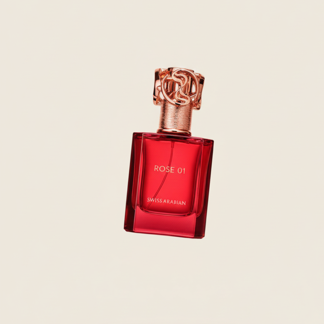 Rose 01 50ml by Swiss Arabian is a red bottle of rose perfume infused with the delicate essence of Bulgarian rose, offering an enticing floral fragrance.