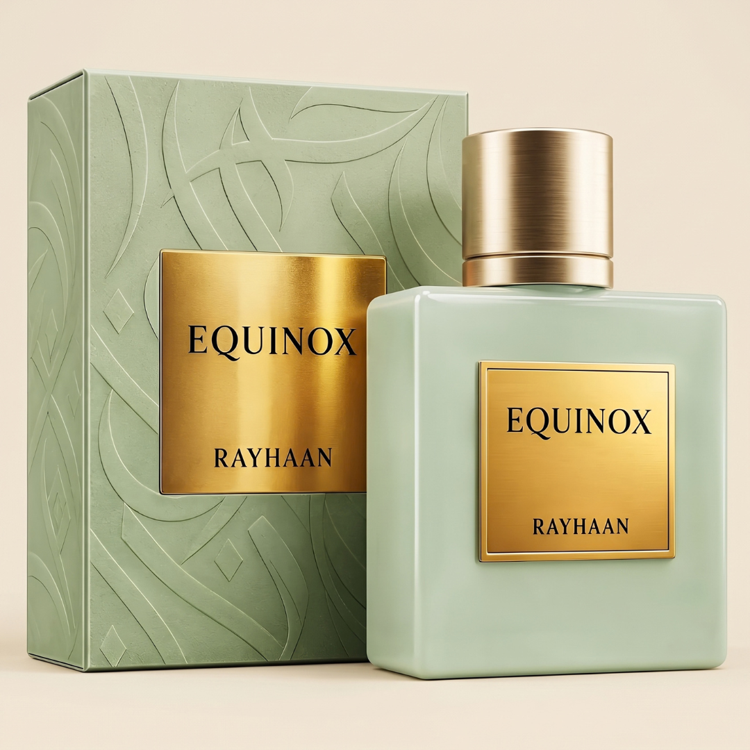 A pale green glass bottle of Equinox 100ml EDP - Rayhaan with a gold cap and label stands next to its matching embossed gift box.