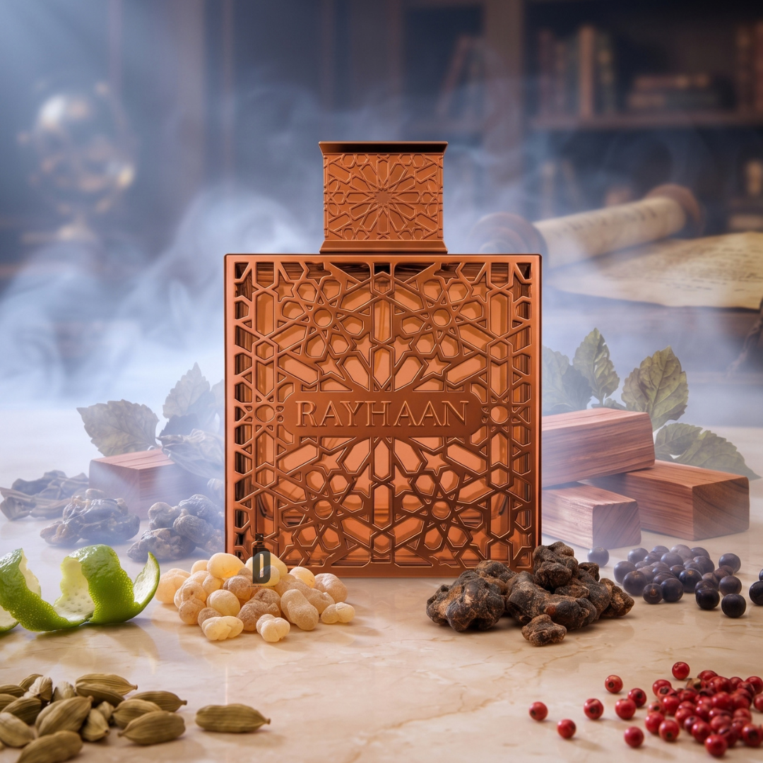Square, copper-colored bottle of Vantage 100ml EDP - Rayhaan woody incense perfume with an intricate geometric pattern, surrounded by cardamom pods, lime peel, resin, peppercorns, and wooden blocks.