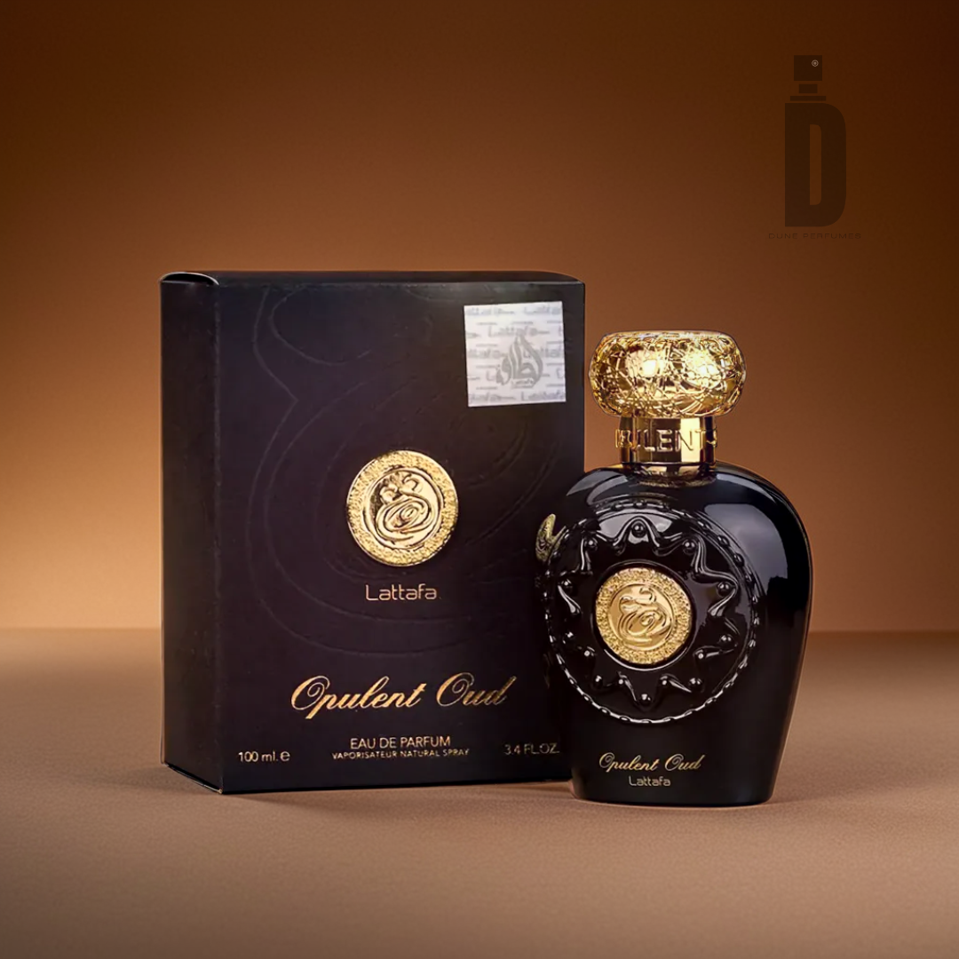 Displayed next to its matching box is the dark, elegant bottle of Opulent Oud 100ml EDP by Lattafa. Inspired by the rich essence of agarwood, this bottle features a luxurious design with a gold ornate cap and emblem set against a brown gradient background.
