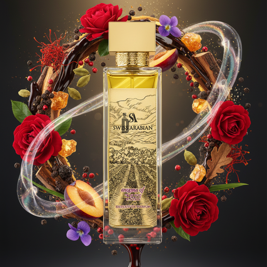A gold Enigma Of Taif 100ml EDP bottle by Swiss Arabian is set among red roses, cinnamon sticks, spices, amber pieces, and plums with swirling light, evoking luxury and allure against a dark backdrop.