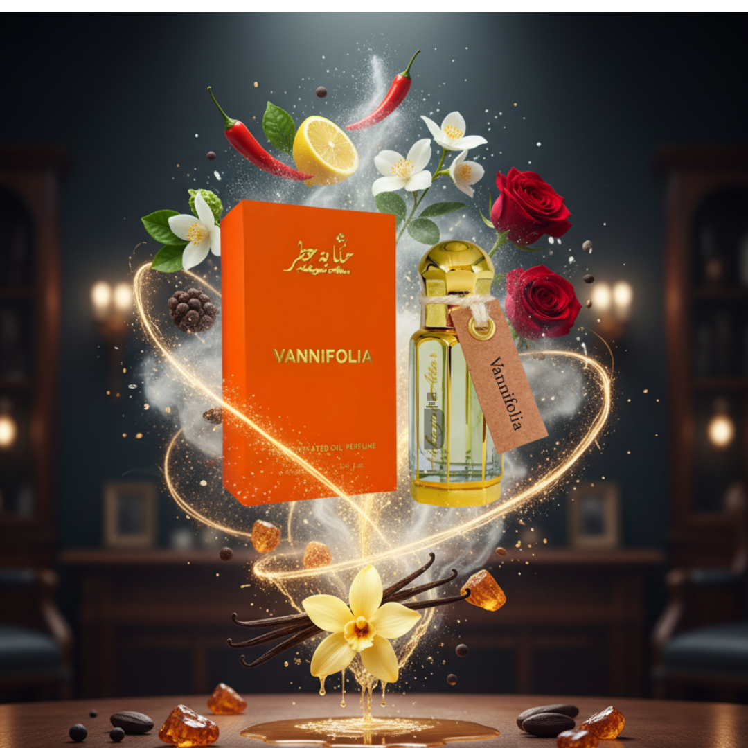 A luxurious bottle of Vannifolia 100ml EDP by Hekayat Attar and its orange box are displayed among floating vanilla, coffee beans, roses, lemon, chili, and amber, set against an elegant, softly lit background.
