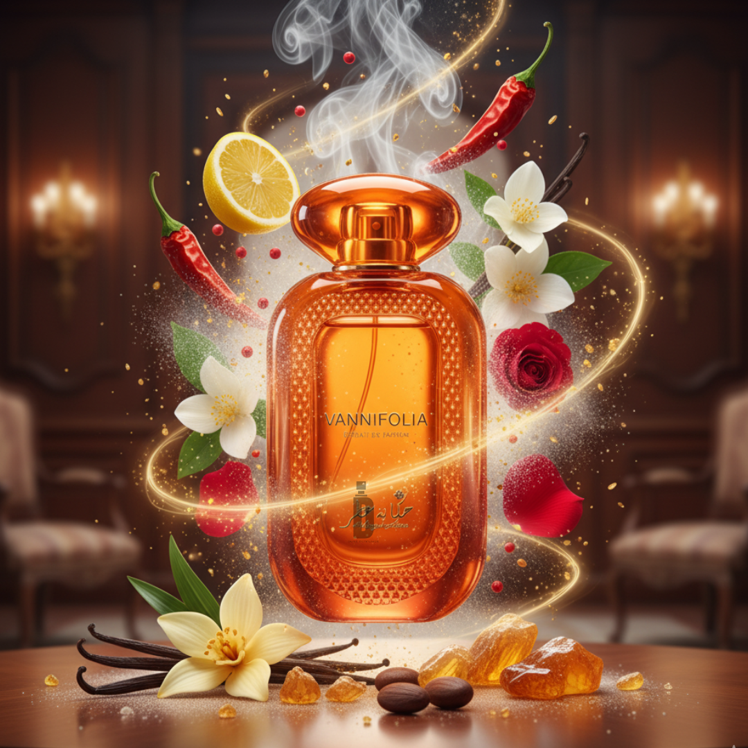 An elegant orange bottle of Vannifolia 100ml EDP by Hekayat Attar is surrounded by vanilla flowers, chili peppers, lemon, rose, coffee beans, and amber, with swirling light and steam in a warmly-lit room.