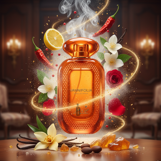 An elegant orange bottle of Vannifolia 100ml EDP by Hekayat Attar is surrounded by vanilla flowers, chili peppers, lemon, rose, coffee beans, and amber, with swirling light and steam in a warmly-lit room.